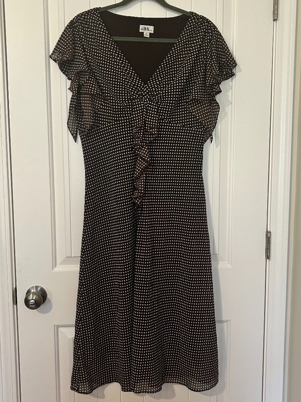 Vintage Y2K JBS Ltd Brown Cream Polka Dot Midi Dress Size 16 Cottagecore Flutter